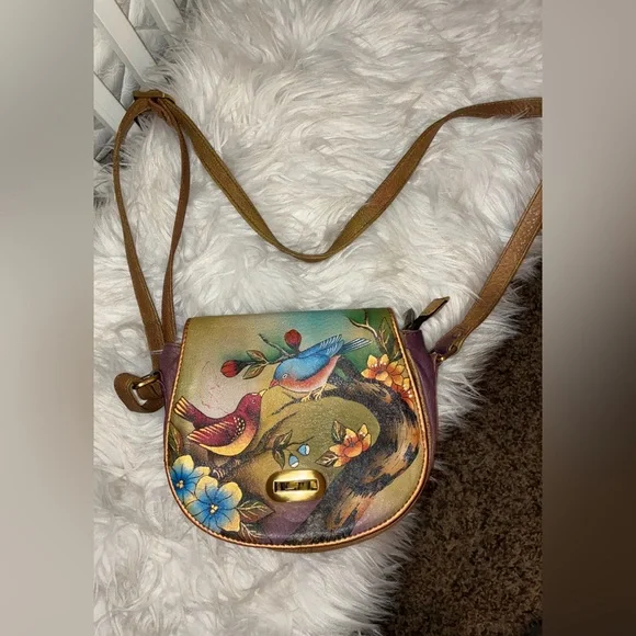 Anuschka hand-painted leather bag featuring a birds and floral design - Picture 2 of 12